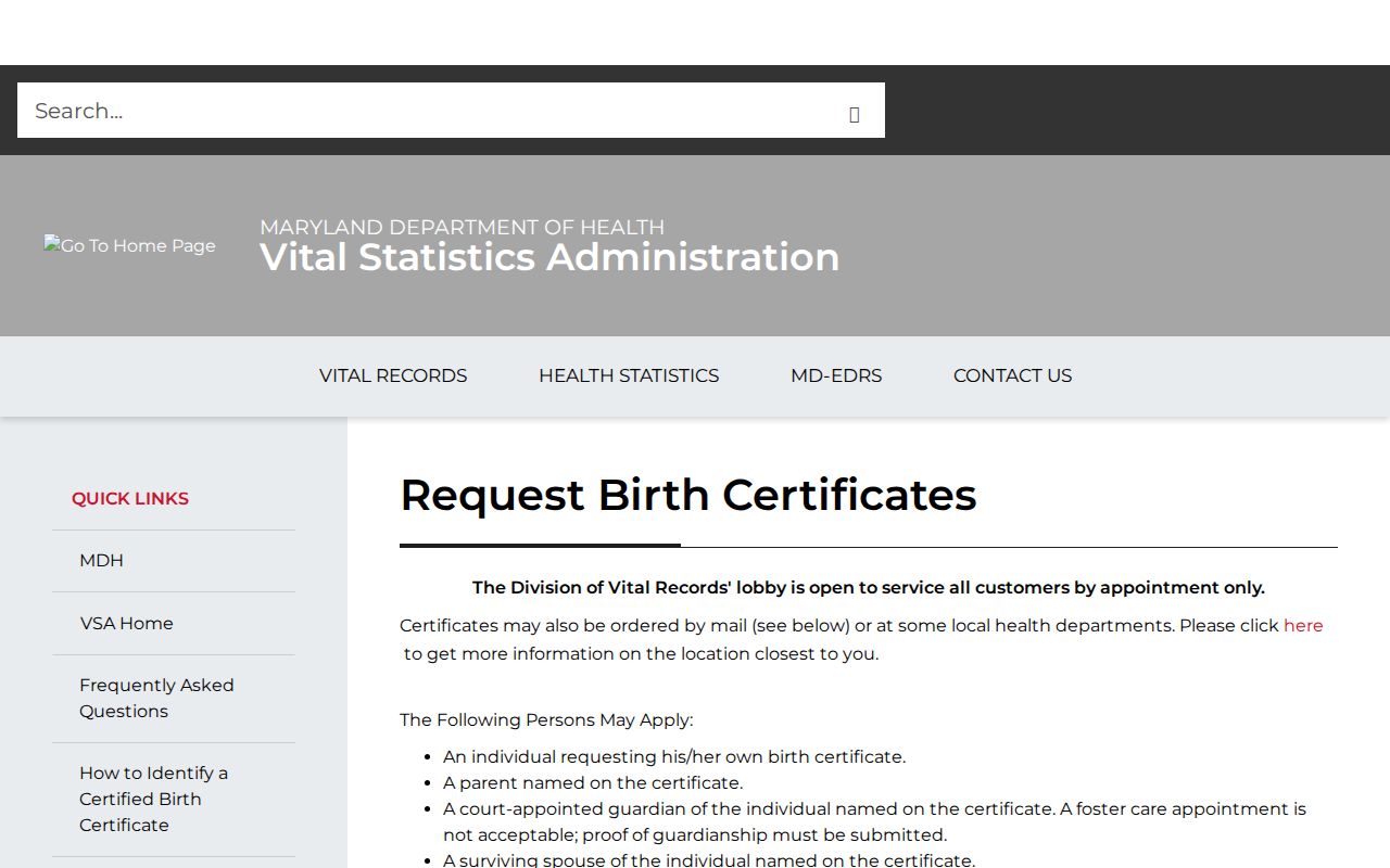 College Park public records guidance for Maryland vital record eligibility