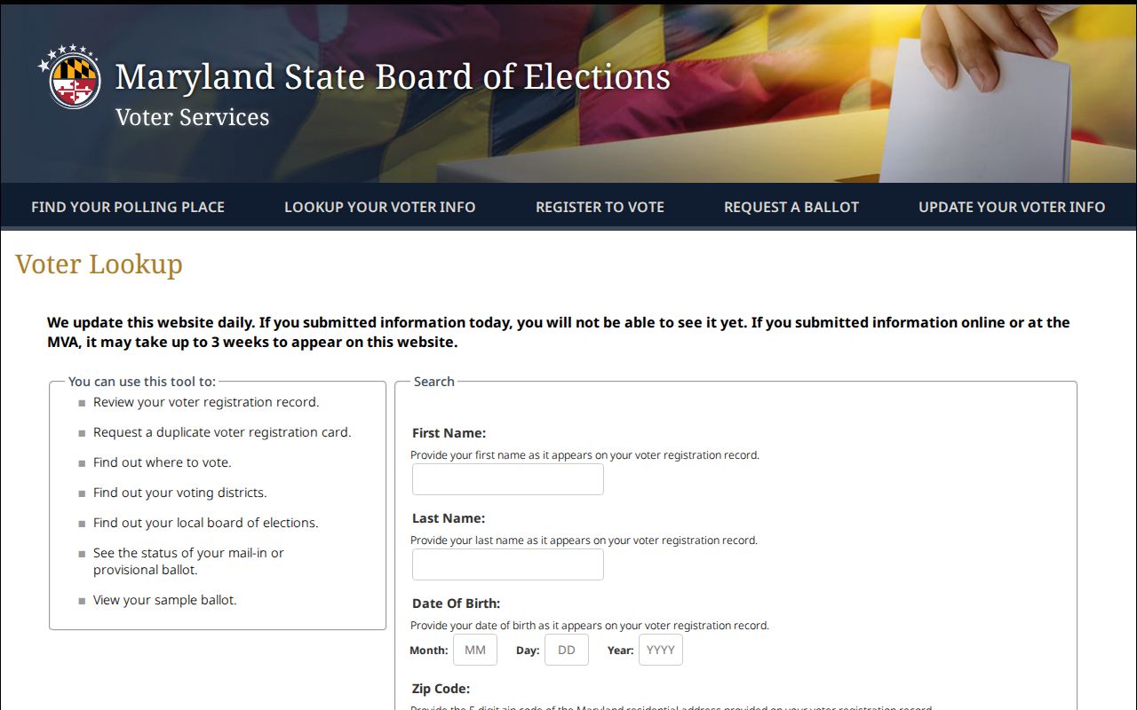 College Park voter registration lookup fields on the Maryland portal